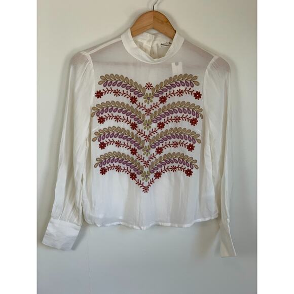 Anthropologie Meadow Rue Daphne 0 XS Embroidered Blouse Ivory Cottage Boho - Picture 5 of 14